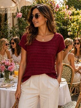 Kate Hill Burgundy Textured Blouse • Elegant Women’s Top • Chic Brunch Outfit •